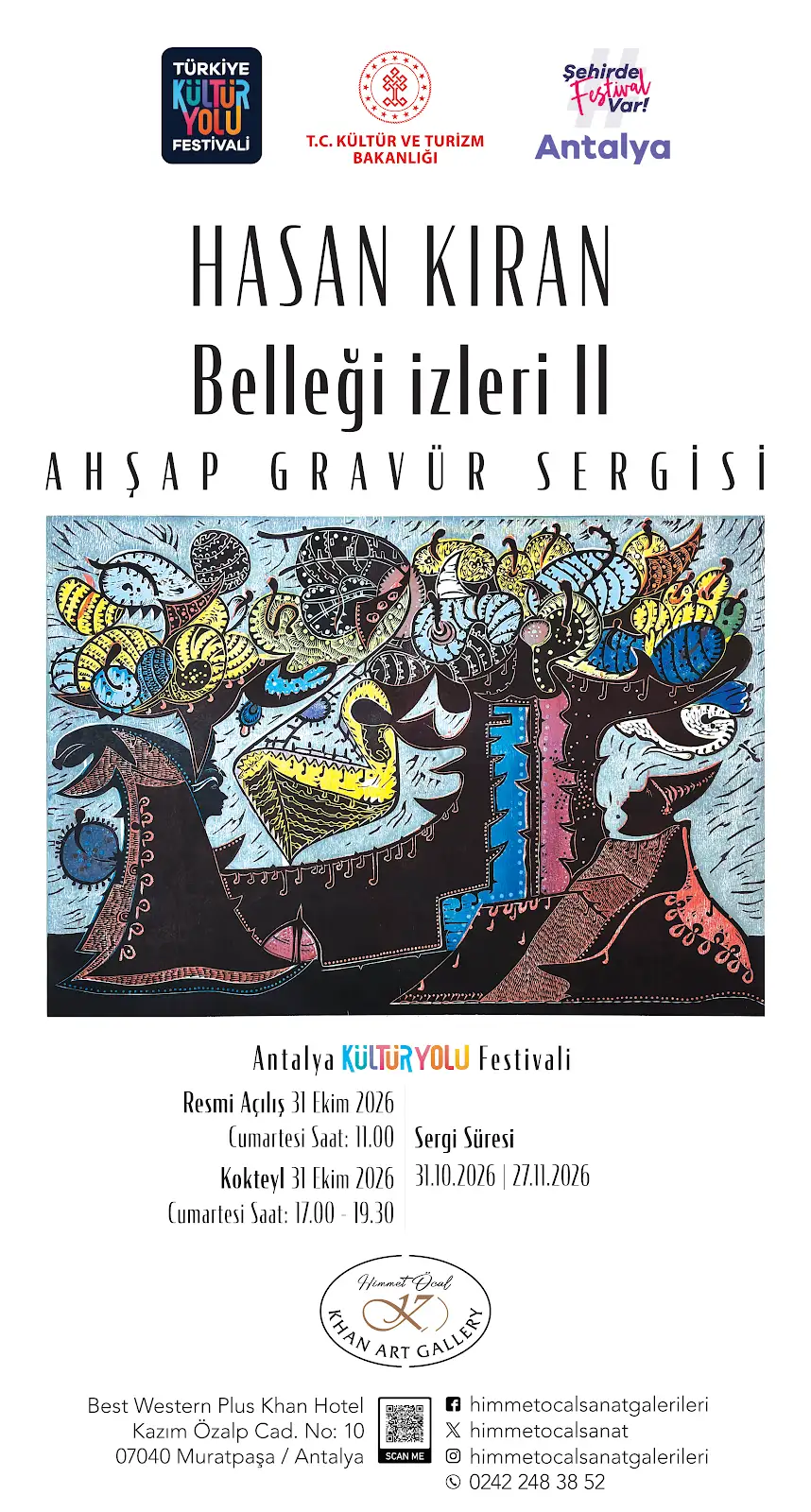 Hasan Kıran’ın Belleğin İzleri II ahşap gravür sergisi afişi; 31 Ekim–27 Kasım 2026, Khan Art Gallery, Antalya.